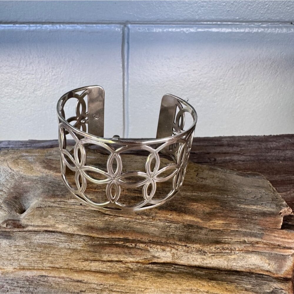 Brighton Designer Silver Tone Cutout Cuff Bracelet Featuring Intricate Geometric - Picture 2 of 6